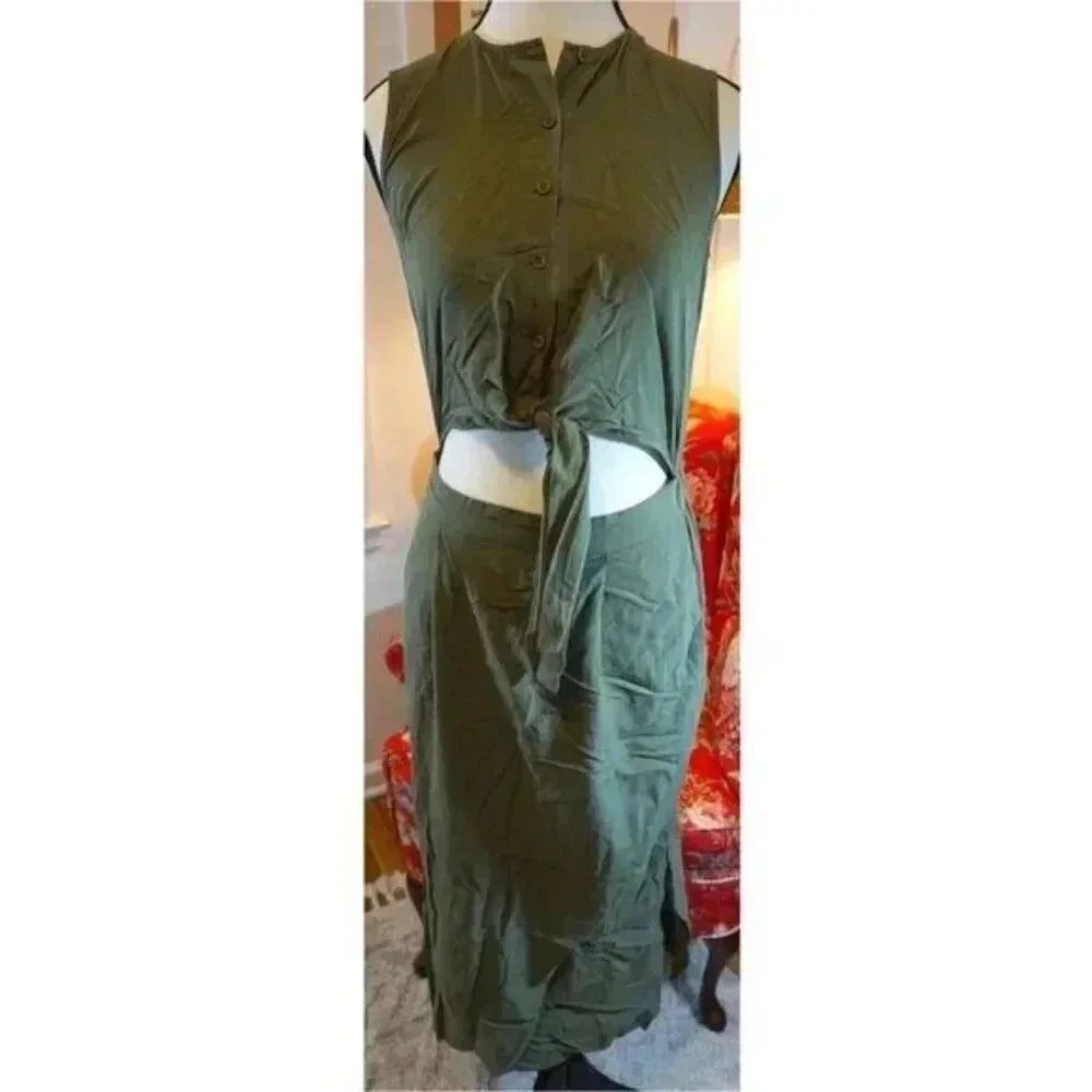 Warehouse Tie-Front Midi Dress in Army Green, Size US 2 (UK 6)